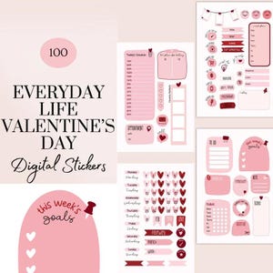 May include: A set of 100 digital stickers featuring Valentine's Day themed designs. The stickers include hearts, calendars, to-do lists, and other organizational elements in pink and red.