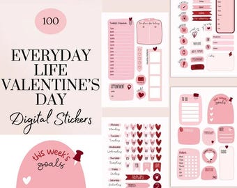 Valentinstag Digitale Aufkleber für GoodNotes, 100 Selbstliebe Februar Planer Aufkleber, PNG Pre Cropped Jeden Tag Digital, Journal Aufkleber