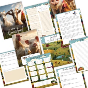 May include: A collection of homestead-themed planner pages. The cover features goats and chickens. Other pages include a daily to-do list, budget and expense tracker, and project list. The pages have illustrations of farm animals and landscapes.