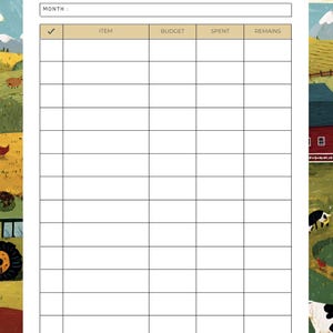 May include: A blank Homestead Budget Log with a farm scene border. The log includes fields for month, item, budget, spent, and remains. The title "Homestead Budget Log" is written in cursive.