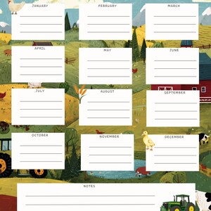 May include: A colorful yearly overview calendar with a pastoral theme. The calendar features a landscape illustration with fields, a red barn, and farm animals. The title "Homestead Yearly Overview" is at the top. Each month has a blank space for notes.