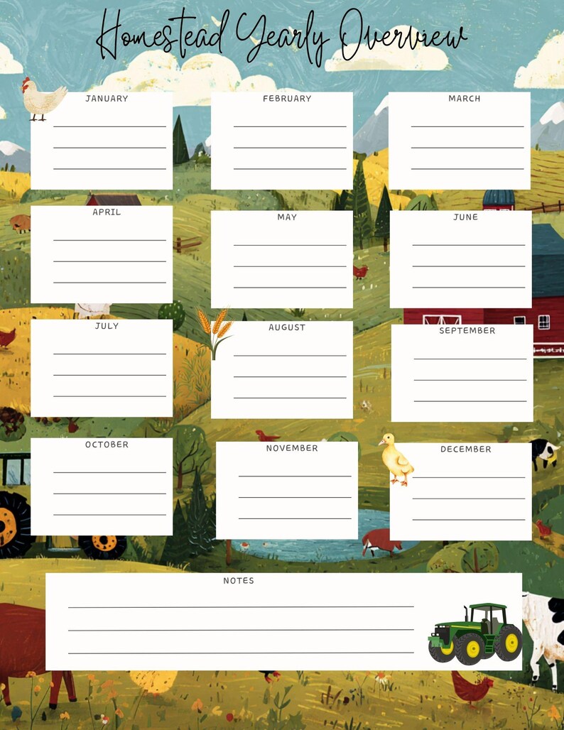 May include: A colorful yearly overview calendar with a pastoral theme. The calendar features a landscape illustration with fields, a red barn, and farm animals. The title "Homestead Yearly Overview" is at the top. Each month has a blank space for notes.