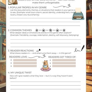 May include: A white Trends & Tropes Research worksheet with text and illustrations. The worksheet includes sections for popular tropes, common themes, reader reactions, and unique twists. A typewriter and a capybara reading a book are illustrated.