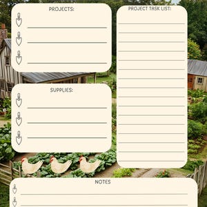 May include: A beige and brown planner with the text "Homestead Projects" at the top. The planner includes sections for projects, project task lists, supplies, and notes. The background features a garden scene with chickens.