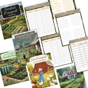 May include: A collection of homesteading planners and binders. The covers feature illustrations of farms, gardens, and rural scenes. Titles include "Homestead Management Planner", "Organized Living for Homesteaders", and "Home Management for Homesteaders". Pages include canning and freezing logs, and garden planning grids.