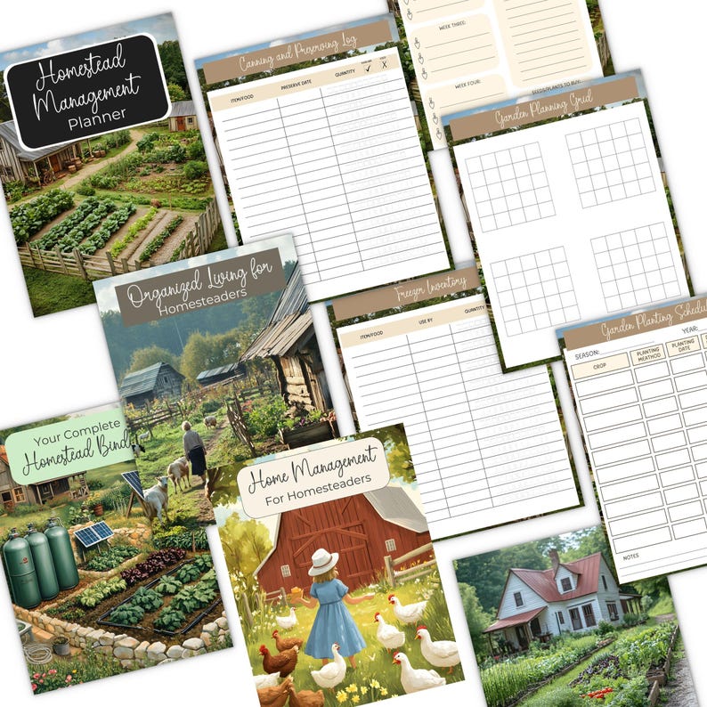 May include: A collection of homesteading planners and binders. The covers feature illustrations of farms, gardens, and rural scenes. Titles include "Homestead Management Planner", "Organized Living for Homesteaders", and "Home Management for Homesteaders". Pages include canning and freezing logs, and garden planning grids.