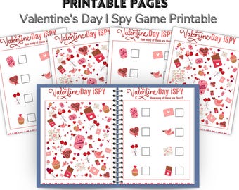 May include: Valentine's Day I Spy game printable pages. The pages feature a Valentine's Day theme with hearts, chocolates, and love notes. The text on the pages reads "Valentine Day iSPY" and "How many of these are there?"