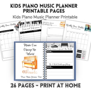 以下が含まれることがあります： 印刷可能なピアノ音楽プランナーページのコレクション。ページには、毎週の練習、レッスンのメモ、試験とパフォーマンスの追跡、および最高のレッスンを追跡するためのセクションが含まれています。プランナーのタイトルは「Kids Piano Music Planner Printable Pages」です。