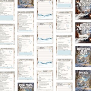 May include: A selection of printable documents for winter storm and power outage planning. The pages have a winter landscape design with snowflakes and a light blue border. Titles include "Winter Power Outage Plan", "Winter Power Outage & Storm Prep", and "Storm Outage Log and Review".