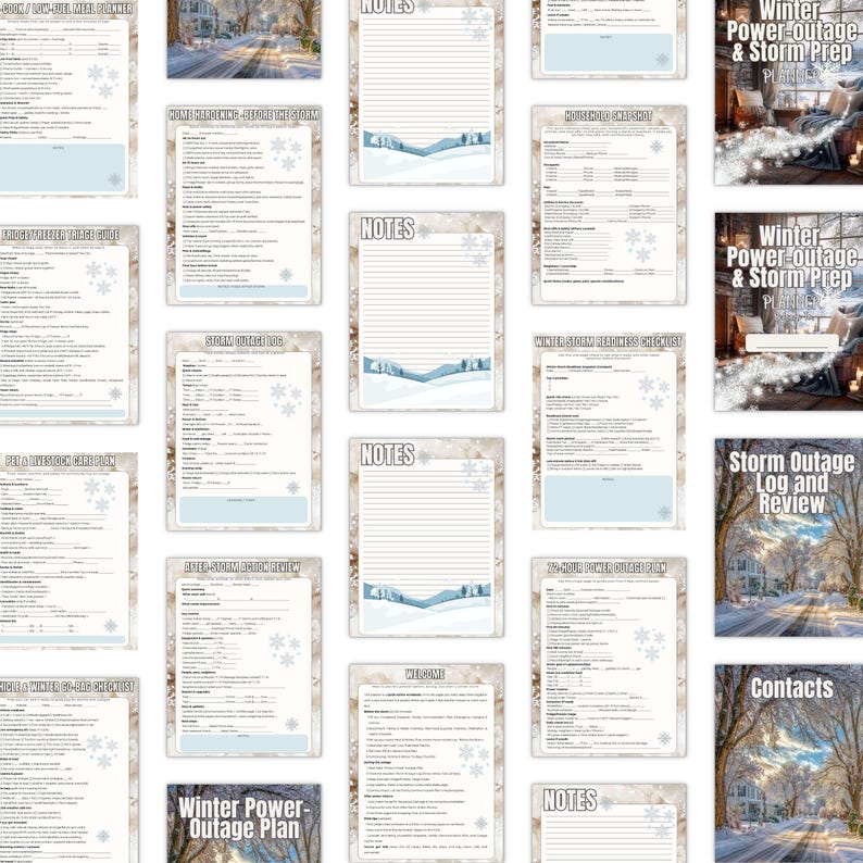 May include: A selection of printable documents for winter storm and power outage planning. The pages have a winter landscape design with snowflakes and a light blue border. Titles include "Winter Power Outage Plan", "Winter Power Outage & Storm Prep", and "Storm Outage Log and Review".