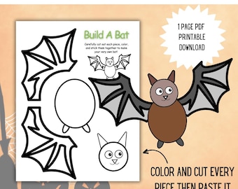 Bouw een vleermuis Halloween-knutsel afdrukbaar voor kinderen – pdf-activiteit knippen en plakken – Halloween-klasspel – direct downloaden