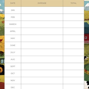 May include: A printable "Homestead Monthly Expense Log" with a farm-themed border. The log features columns for date, expense, and total, with months listed from January to December. The top of the log reads "Homestead Monthly Expense Log".