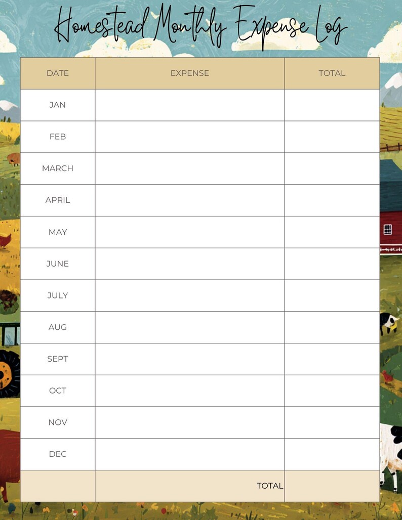 May include: A printable "Homestead Monthly Expense Log" with a farm-themed border. The log features columns for date, expense, and total, with months listed from January to December. The top of the log reads "Homestead Monthly Expense Log".