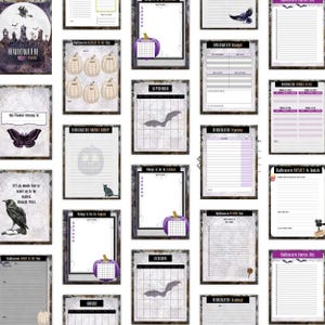 May include: A collection of Halloween-themed planner pages with various designs. The pages include calendars, checklists, and journal entries. The color scheme is primarily black, white, and purple, with spiderwebs, bats, and pumpkins. The planner pages are designed for organizing Halloween activities.