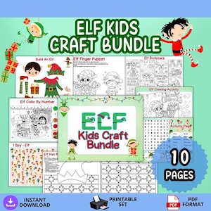 May include: A digital craft bundle featuring ten pages of printable elf-themed activities for children. The collection includes coloring sheets, a build-an-elf set, finger puppets, bookmarks, word searches, and hat templates with festive graphics.