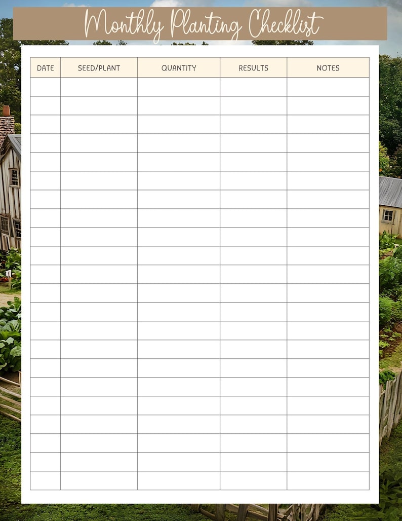 May include: A white monthly planting checklist with a beige header that reads "Monthly Planting Checklist" in cursive. The checklist has columns for date, seed/plant, quantity, results, and notes. The background features a garden scene.
