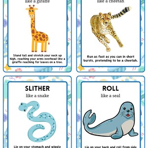 May include: Four illustrated cards with animal-themed exercise instructions. The cards feature a giraffe, cheetah, snake, and seal, with text instructions for each exercise: "Reach," "Sprint," "Slither," and "Roll."