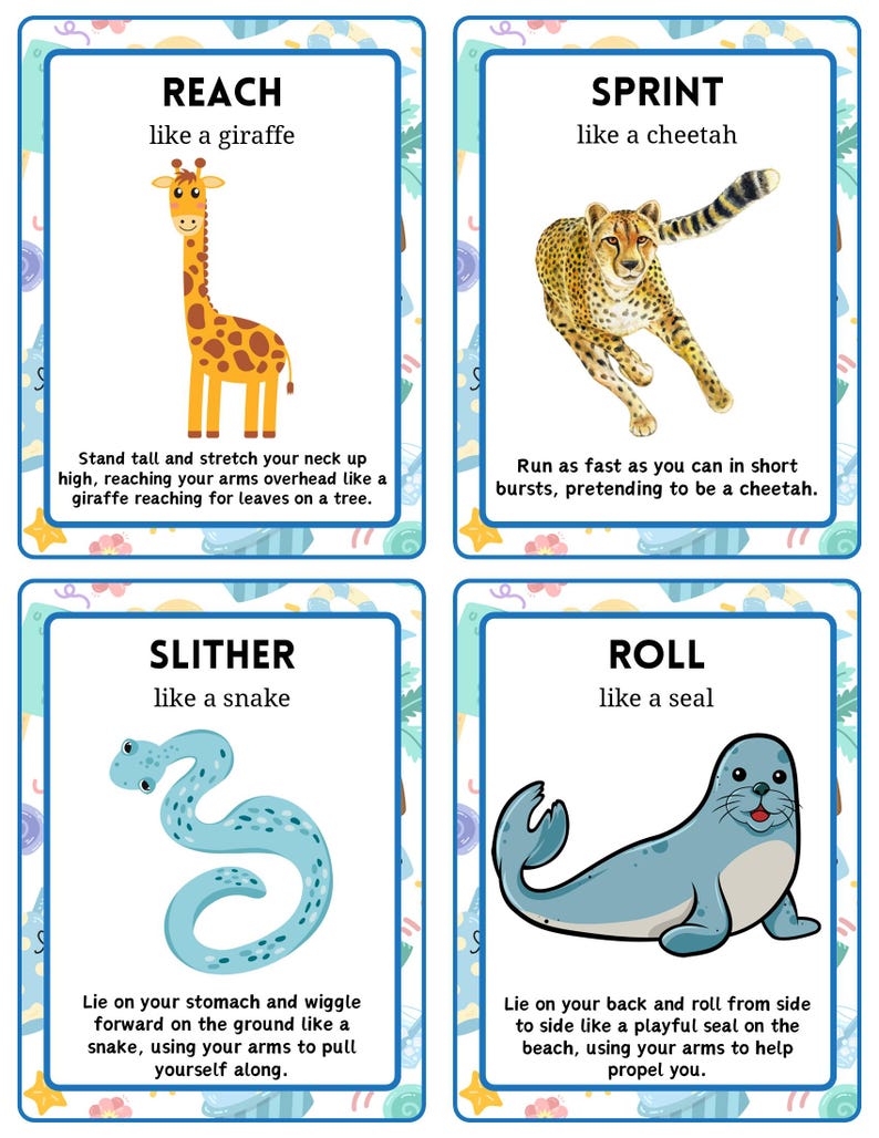 May include: Four illustrated cards with animal-themed exercise instructions. The cards feature a giraffe, cheetah, snake, and seal, with text instructions for each exercise: "Reach," "Sprint," "Slither," and "Roll."