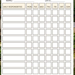May include: A printable weekly chore chart with the title "Homestead Weekly Chore Chart" in a handwritten font. The chart includes sections for daily responsibilities and days of the week, with space for the name and date.