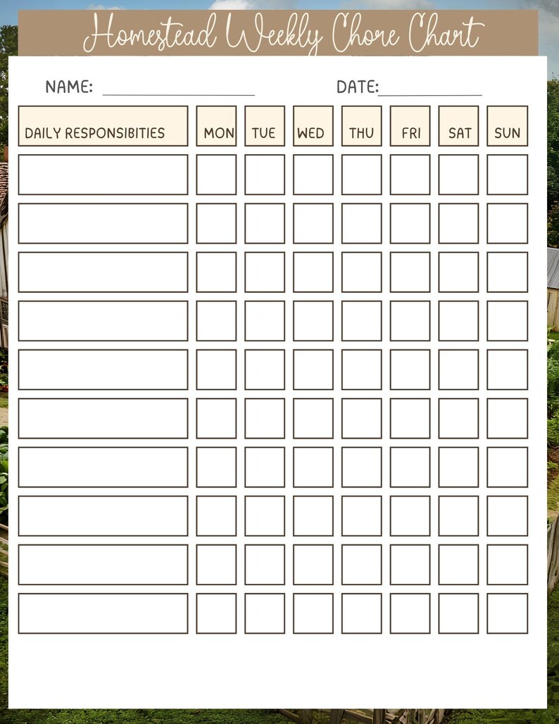 May include: A printable weekly chore chart with the title "Homestead Weekly Chore Chart" in a handwritten font. The chart includes sections for daily responsibilities and days of the week, with space for the name and date.