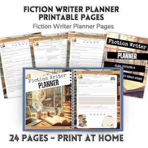 Planificador imprimible para escritores de ficción, cuaderno de escritura de novelas, planificador de historias, perfil del personaje principal, esquema de trama, seguimiento de capítulos y cronograma de escritura.