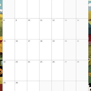 May include: A monthly calendar for November 2026 with a landscape border. The calendar grid is white with black numbers and days of the week. The top of the calendar reads "NOVEMBER 2026" in a teal font. The border features a farm scene.
