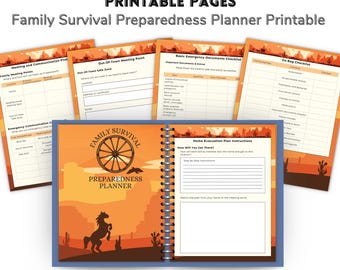 May include: A spiral-bound Family Survival Preparedness Planner with printable pages. The cover features a sunset scene with a horse silhouette. The planner includes checklists and planning pages. The text on the cover reads "Family Survival Preparedness Planner Printable."