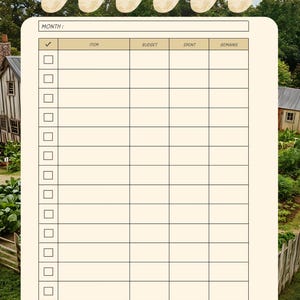 May include: A beige homestead budget log with a rural landscape background. The top of the log features the text "Homestead Budget Log" and illustrations of chickens. The log includes sections for item, budget, spent, and remains.