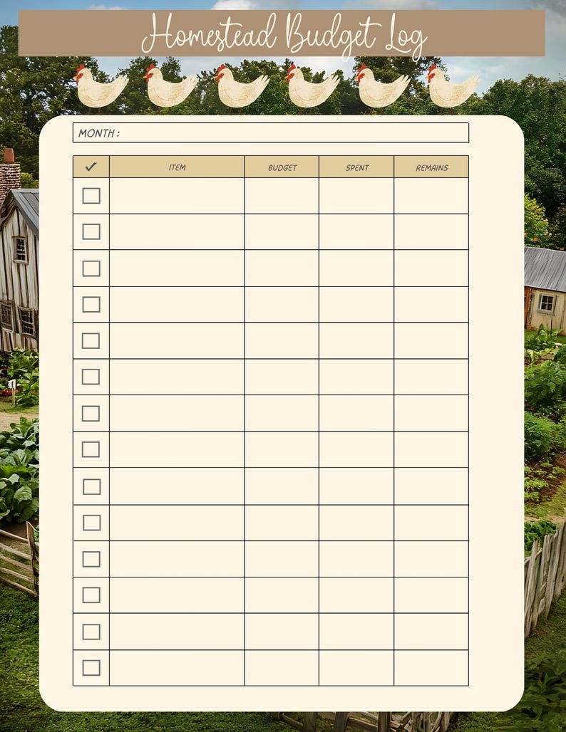 May include: A beige homestead budget log with a rural landscape background. The top of the log features the text "Homestead Budget Log" and illustrations of chickens. The log includes sections for item, budget, spent, and remains.
