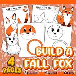 Könnte beinhalten: Ein druckbares Bastelset mit dem Titel Build A Fall Fox, das aus vier Seiten mit Fuchs-Vorlagen besteht. Die Blätter enthalten farbige und schwarz-weiße Umrisse von Fuchsköpfen, Ohren, Schwänzen und Körpern zum Ausschneiden und Basteln.