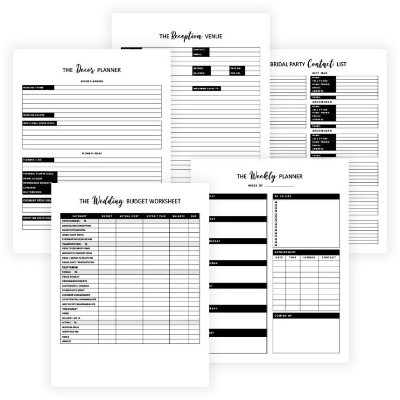 Complete Black and White Printable Wedding Planner - 80 Pages, 8.5 X 11 ...