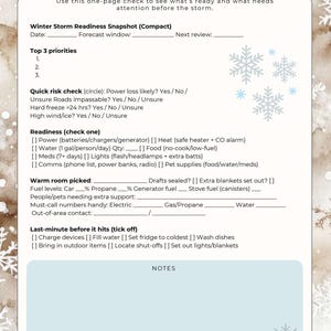 May include: A winter storm readiness checklist with a snowflake design. The checklist includes sections for top priorities, risk assessment, readiness checks, and last-minute preparations. The text is in black font on a white background.