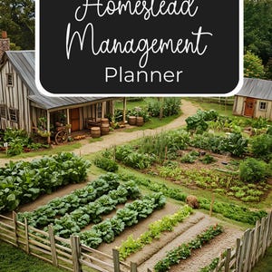 May include: An aerial view of a homestead garden with a wooden fence, rows of crops, and a house. A black sign with white cursive text that reads "Homestead Management Planner" is in the upper center of the image.