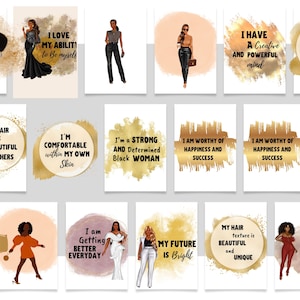 K&ouml;nnte beinhalten: Ein Satz von 16 druckbaren digitalen Affirmationskarten mit schwarzen Frauen mit goldenen Akzenten und inspirierenden Zitaten. Die Zitate beinhalten "Ich liebe meine F&auml;higkeit, ich selbst zu sein", "Ich bin eine starke und entschlossene schwarze Frau", "Ich bin des Gl&uuml;cks und des Erfolgs w&uuml;rdig", "Meine Haarstruktur ist sch&ouml;n und einzigartig", und mehr.