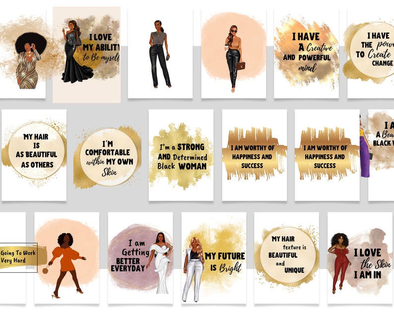 K&ouml;nnte beinhalten: Ein Satz von 16 druckbaren digitalen Affirmationskarten mit schwarzen Frauen mit goldenen Akzenten und inspirierenden Zitaten. Die Zitate beinhalten "Ich liebe meine F&auml;higkeit, ich selbst zu sein", "Ich bin eine starke und entschlossene schwarze Frau", "Ich bin des Gl&uuml;cks und des Erfolgs w&uuml;rdig", "Meine Haarstruktur ist sch&ouml;n und einzigartig", und mehr.