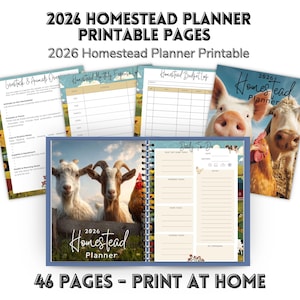 May include: A spiral-bound 2026 Homestead Planner with printable pages. The planner features a blue cover with images of farm animals and includes sections for livestock, expenses, budget, and daily tasks. The text "2026 Homestead Planner Printable Pages" is displayed.