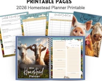 May include: A spiral-bound 2026 Homestead Planner with printable pages. The planner features a blue cover with images of farm animals and includes sections for livestock, expenses, budget, and daily tasks. The text "2026 Homestead Planner Printable Pages" is displayed.