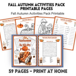Fall Autumn Activity Pack Printable 59 Pages | Word Searches Quizzes Mazes Coloring Puzzles | Kids & Adults Autumn Activities Bundle, fall