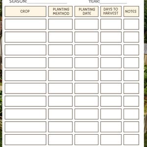 May include: A printable garden planting schedule with a beige header that reads "Garden Planting Schedule". The schedule includes sections for crop, planting method, planting date, days to harvest, and notes. The background features a blurred image of a garden.