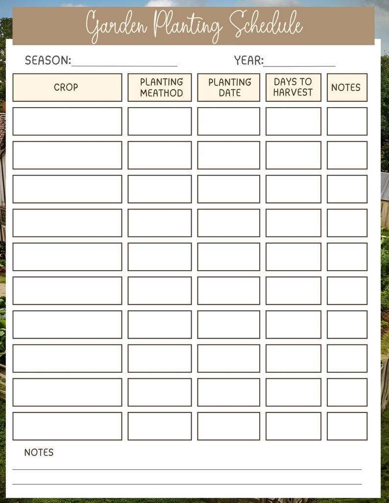 May include: A printable garden planting schedule with a beige header that reads "Garden Planting Schedule". The schedule includes sections for crop, planting method, planting date, days to harvest, and notes. The background features a blurred image of a garden.