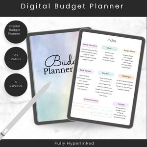 May include: Digital budget planner on a tablet with 139 pages and 5 covers. The planner includes sections for yearly overview, debt, trackers, challenges, and savings. The planner is fully hyperlinked.