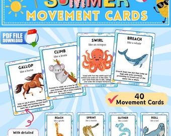 Summer Movement Cards Printable , Kids Activity Game , Animal Movement Cards ,Toddler Flashcards , Gross Motor Skills , Preschool Activities