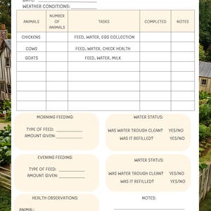 May include: A Daily Animal Care Log with sections for recording animal tasks, feeding, and health observations. The log includes spaces for chickens, cows, and goats, with prompts for morning and evening feeding details.