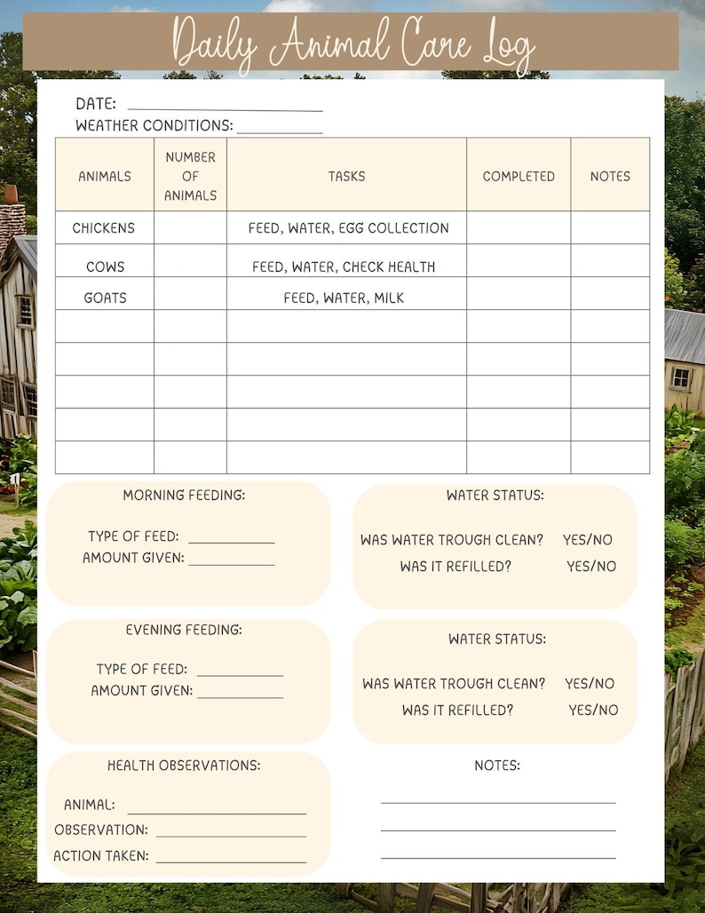 May include: A Daily Animal Care Log with sections for recording animal tasks, feeding, and health observations. The log includes spaces for chickens, cows, and goats, with prompts for morning and evening feeding details.