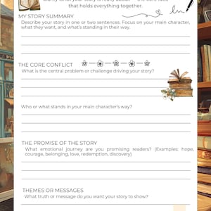 May include: A white Book Concept Builder worksheet with prompts for story development. The top of the page has the title and a clarifying statement. Sections include story summary, core conflict, and promise of the story. A typewriter and books are illustrated.
