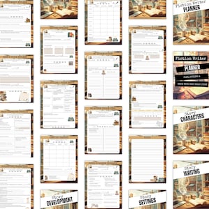 May include: A collection of printable planner pages for fiction writers. The pages include sections for book concepts, character profiles, plot outlines, and story development. The pages have a vintage aesthetic with illustrations of books and writing tools.
