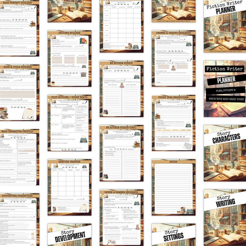 May include: A collection of printable planner pages for fiction writers. The pages include sections for book concepts, character profiles, plot outlines, and story development. The pages have a vintage aesthetic with illustrations of books and writing tools.