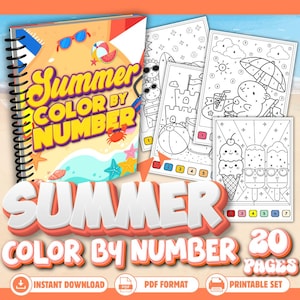 May include: A spiral-bound Summer Color By Number activity book with a beach-themed cover featuring sunglasses, a beach ball, and a crab. The set includes 20 printable pages with black and white line art illustrations of summer scenes.