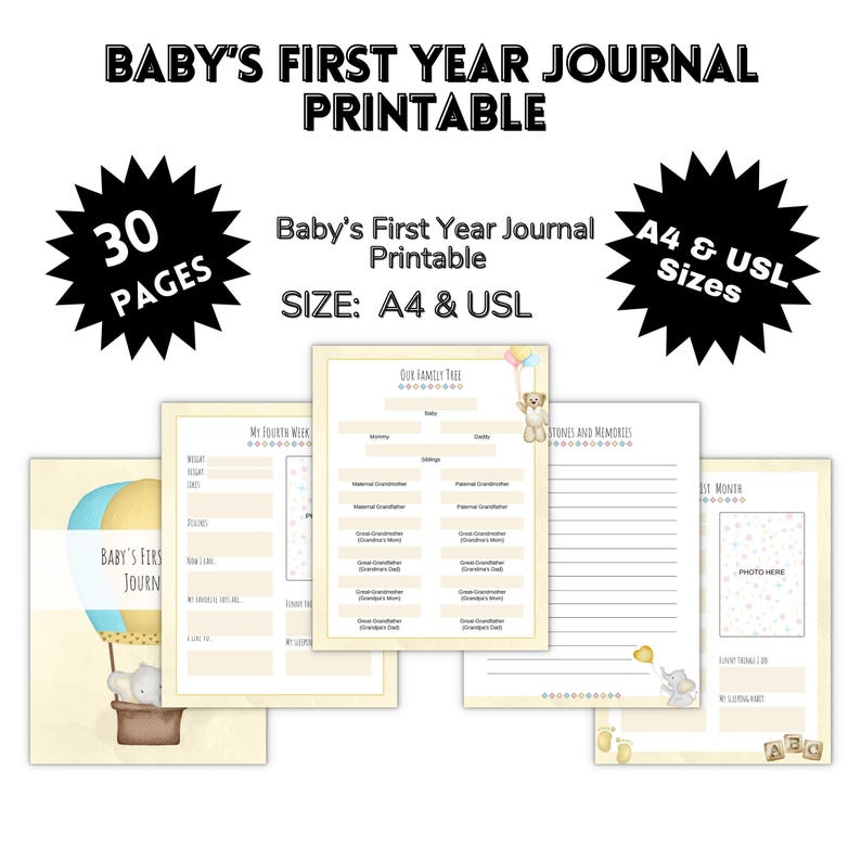Baby’s First Year Journal Printable | 30 Baby Journal Pages | Baby Milestone Memory Book | A4 ...