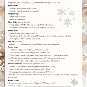May include: A white and blue guide titled "FRIDGE/FREEZER TRIAGE GUIDE" with instructions on food safety during a power outage. Includes sections on keeping food cold, target temperatures, time limits, and a discard checklist. Features snowflake graphics.